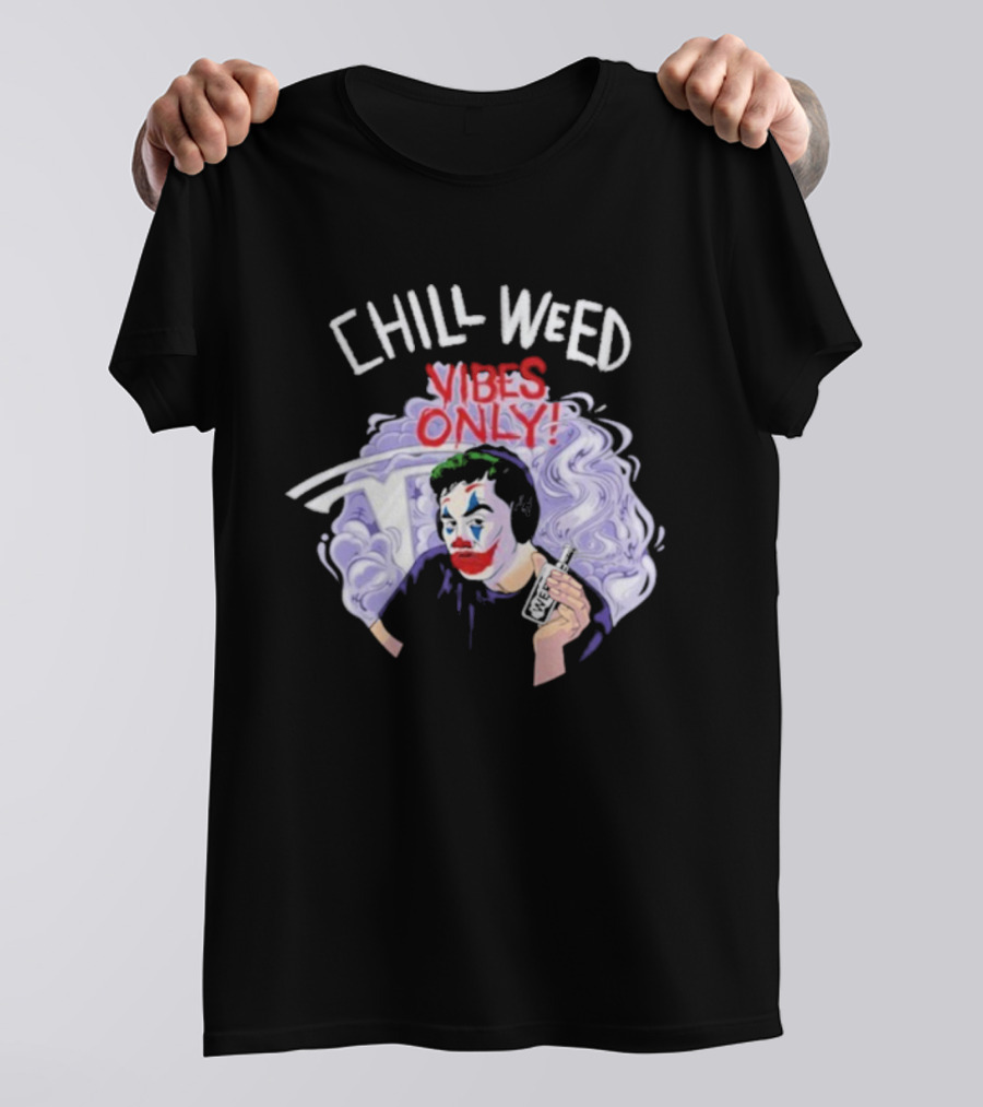 Chill Weed Vibes Only Joker Holding Tesla Symbol Smoke Art T-Shirt