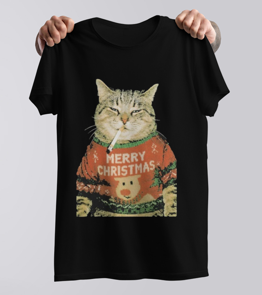 Merry Christmas Cat Sweater Smoking Cat Holiday Bear T-Shirt