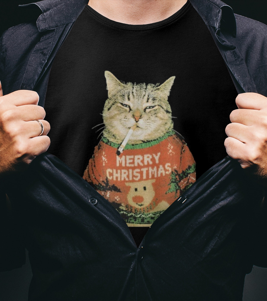 Merry Christmas Cat Sweater Smoking Cat Holiday Bear T-Shirt