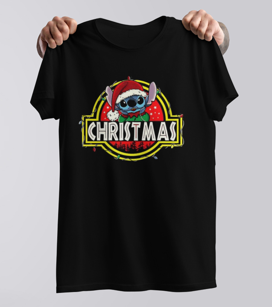 Stitch Santa Hat Ohana Stitchmas Christmas Jurassic Park Theme T-Shirt