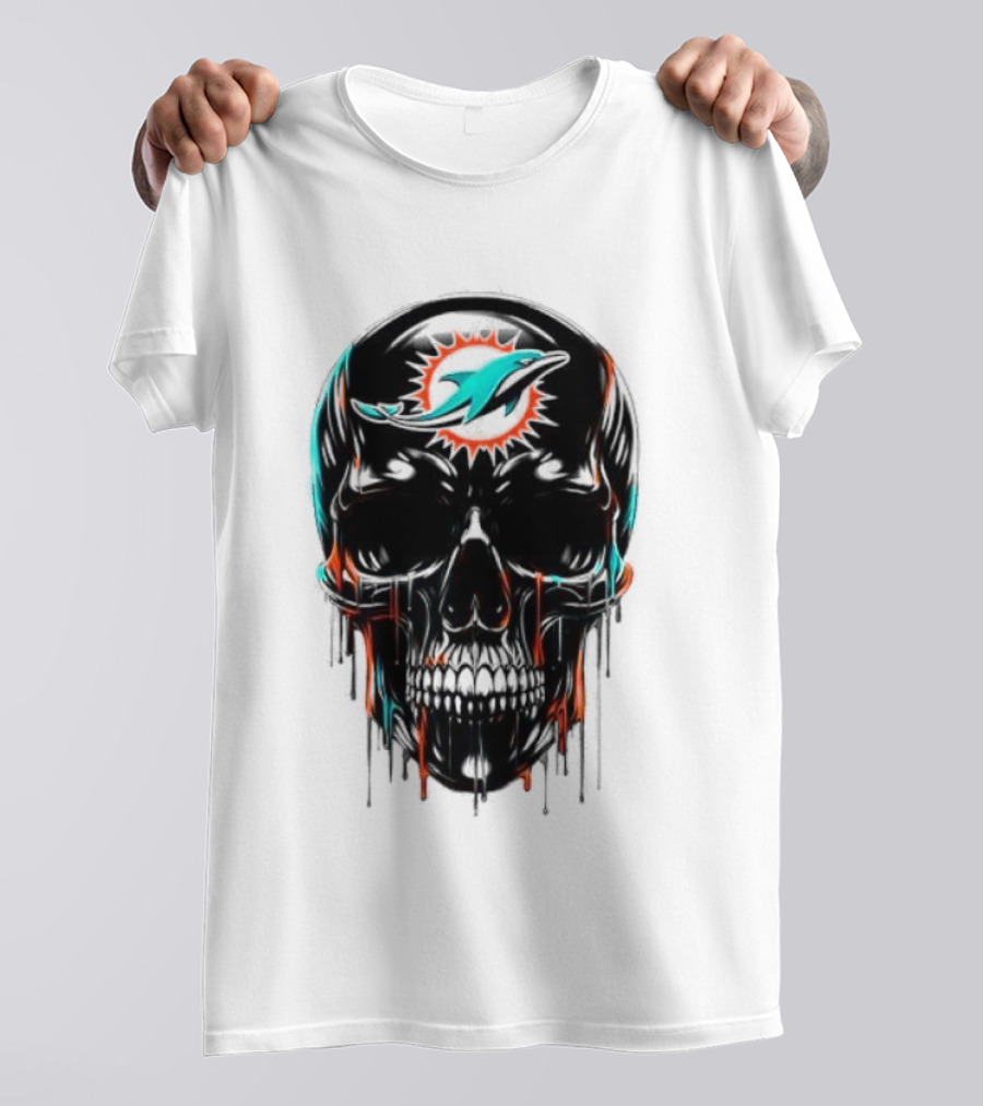 Miami Dolphins Skull Black Art Football Team Skull Fusion T-Shirt