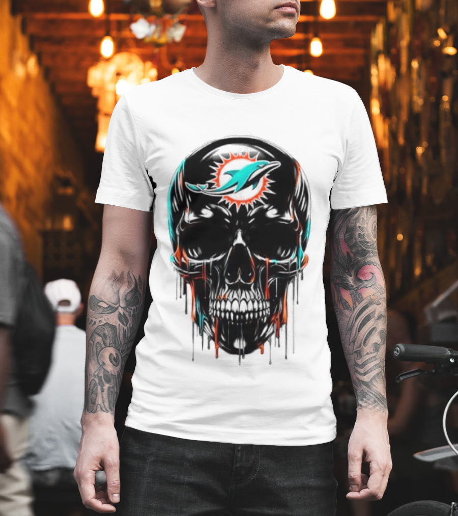 Miami Dolphins Skull Black Art Football Team Skull Fusion T-Shirt