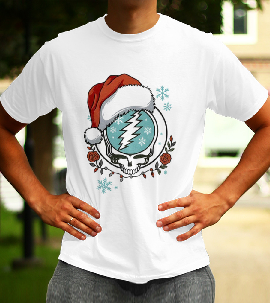 Grateful Dead Steal Your Face Santa Hat Christmas Roses Snowflakes T-Shirt