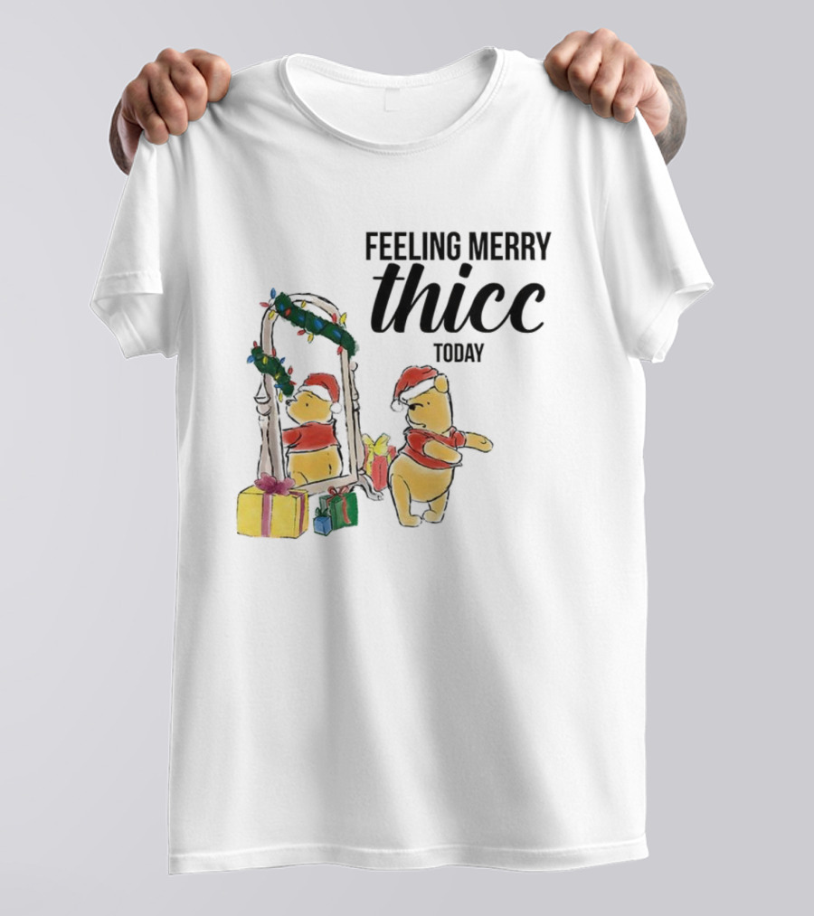 Winnie The Pooh Feeling Merry Thicc Today Christmas Mirror Reflection Holiday Gifts Santa Hat T-Shirt
