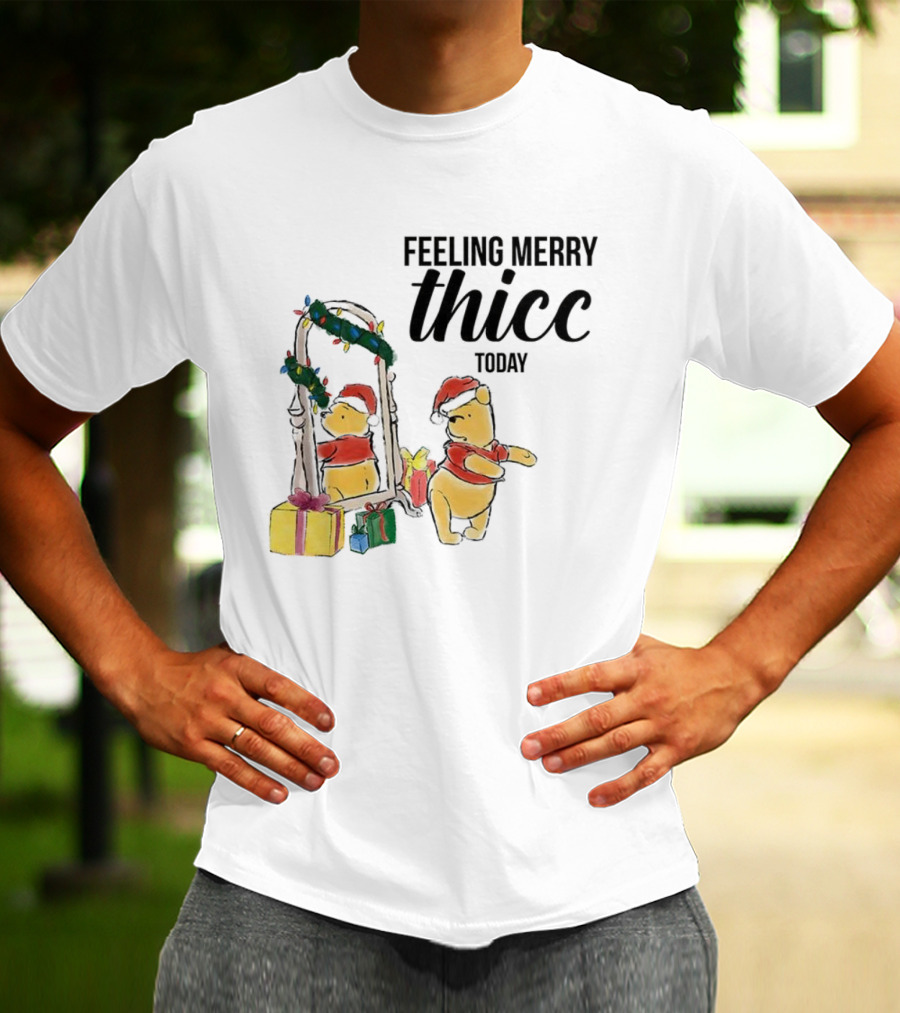 Winnie The Pooh Feeling Merry Thicc Today Christmas Mirror Reflection Holiday Gifts Santa Hat T-Shirt