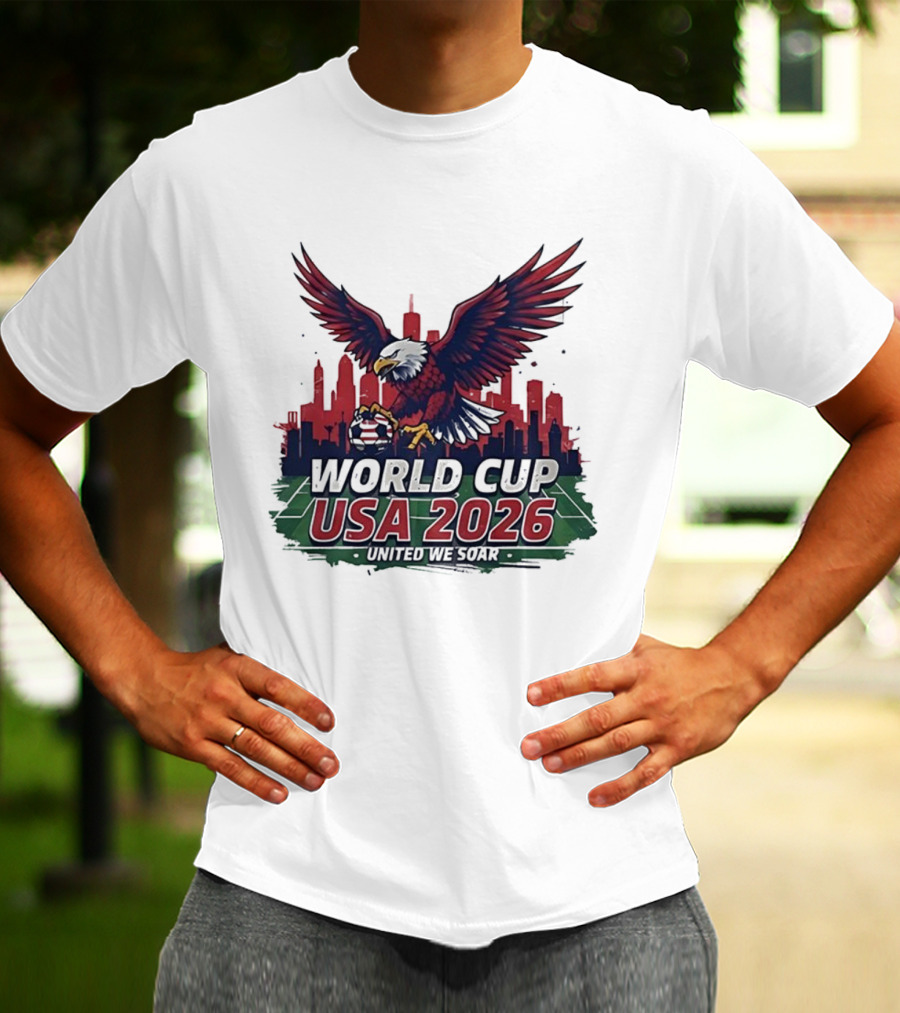 World Cup USA 2026 Bald Eagle United We Soar City Skyline Football Field T-Shirt
