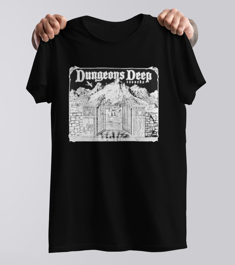 Dungeons Deep Records Fantasy Mountain Gate Adventure Scenic Landscape T-Shirt