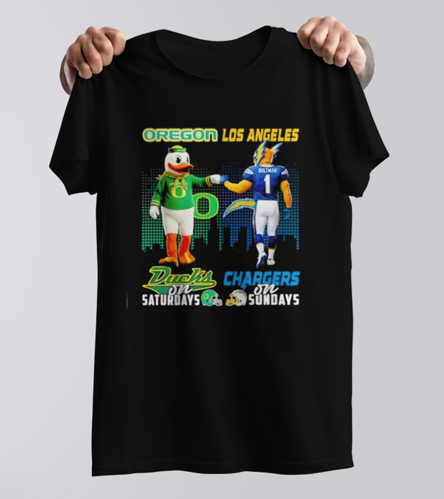 Oregon Ducks Saturdays Los Angeles Chargers Sundays Mascot Matchup T-Shirt