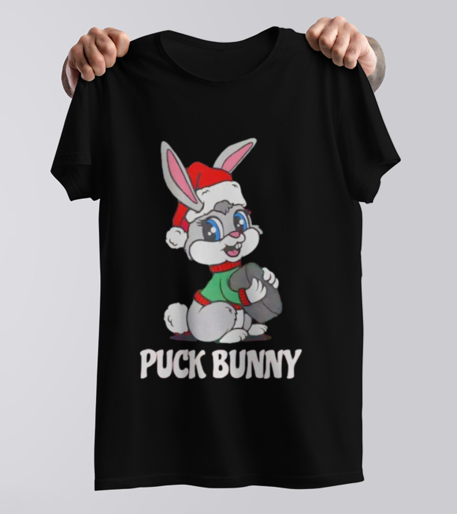 Puck Bunny Christmas Festive Holiday Hockey Rabbit In Santa Hat T-Shirt