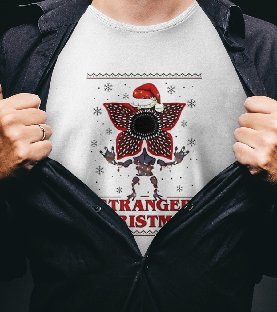Stranger Things Christmas Demogorgon Santa Hat Merry Upside Down Ugly Sweater T-Shirt