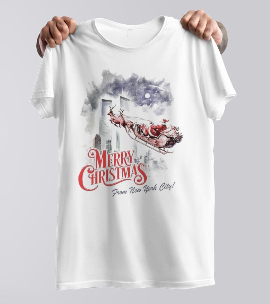 Merry Christmas From New York City Santa And Twin Towers 9 11 Caricature T-Shirt