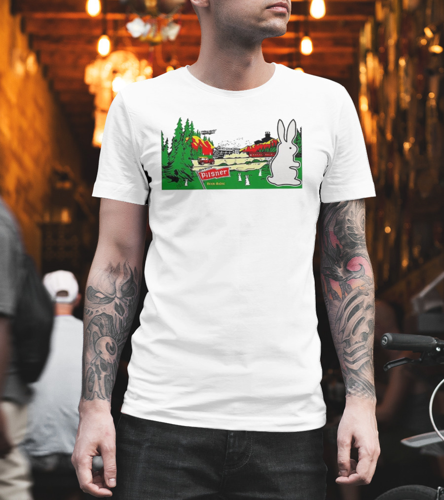 Old Style Pilsner Beer Bière Vintage Cartoon Rabbit Forest Scene T-Shirt