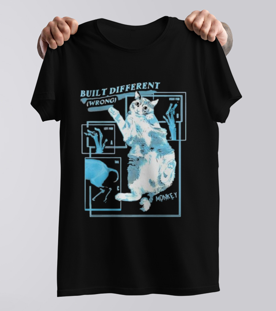 Built Different Wrong Monkey Cat Blueprint Diagram T-Shirt