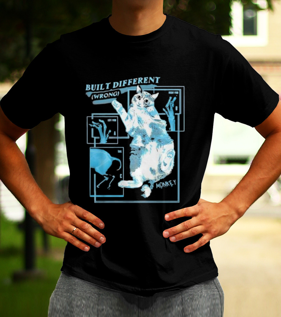 Built Different Wrong Monkey Cat Blueprint Diagram T-Shirt