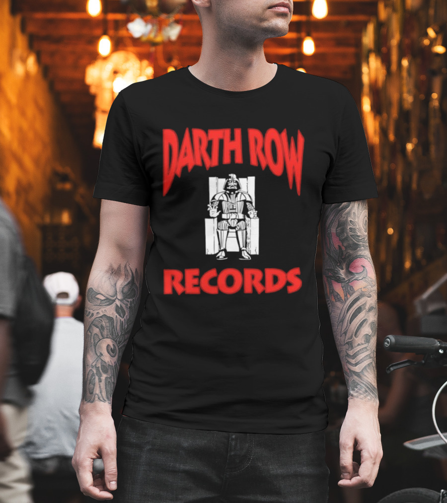 Darth Row Records Sitting Figure Bold Red Text T-Shirt