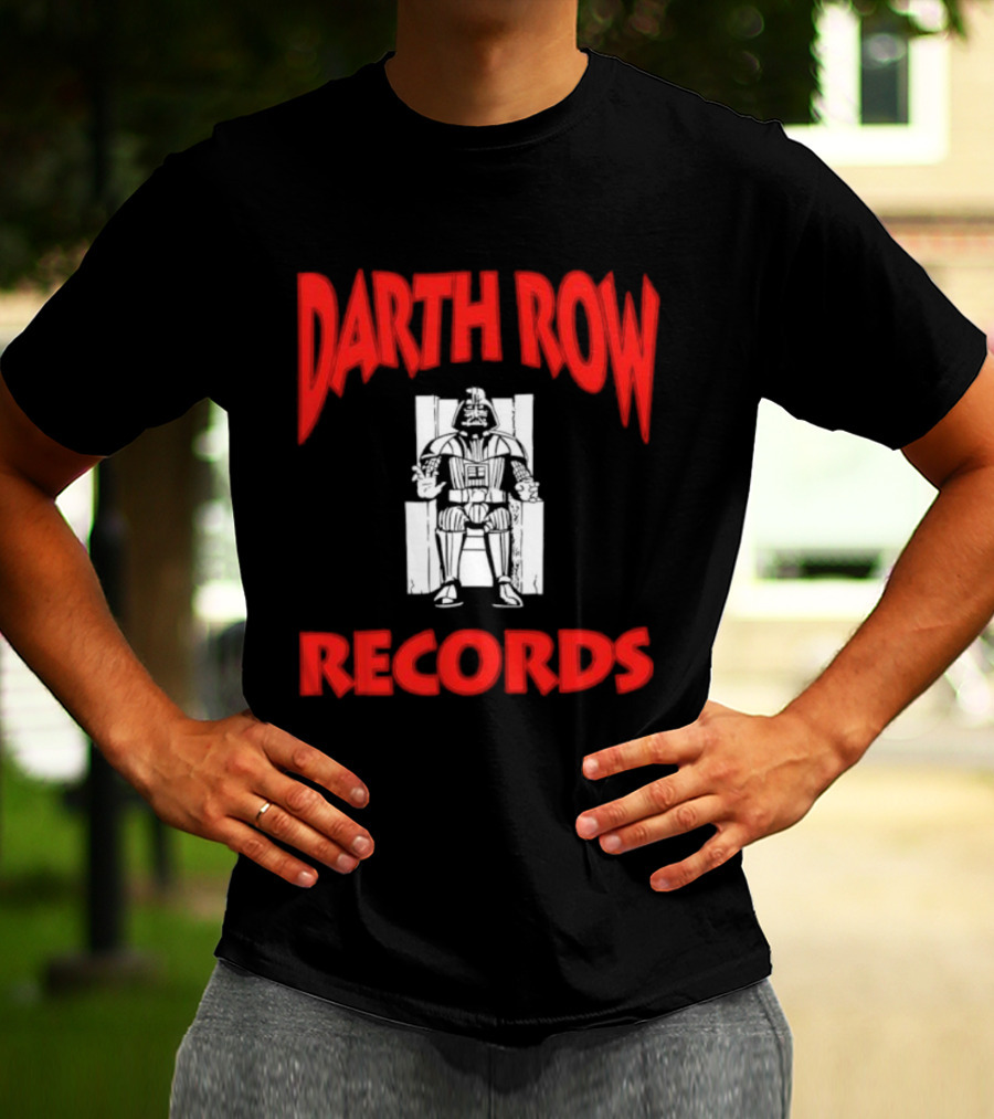 Darth Row Records Sitting Figure Bold Red Text T-Shirt