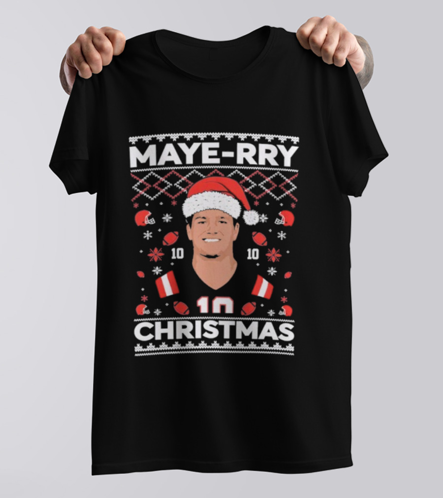 Maye-rry Christmas 10 Football Santa Hat T-Shirt