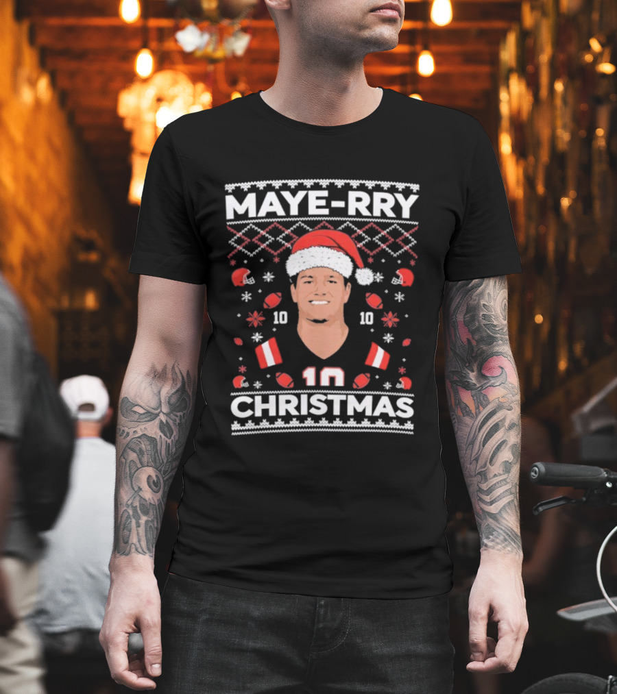 Maye-rry Christmas 10 Football Santa Hat T-Shirt