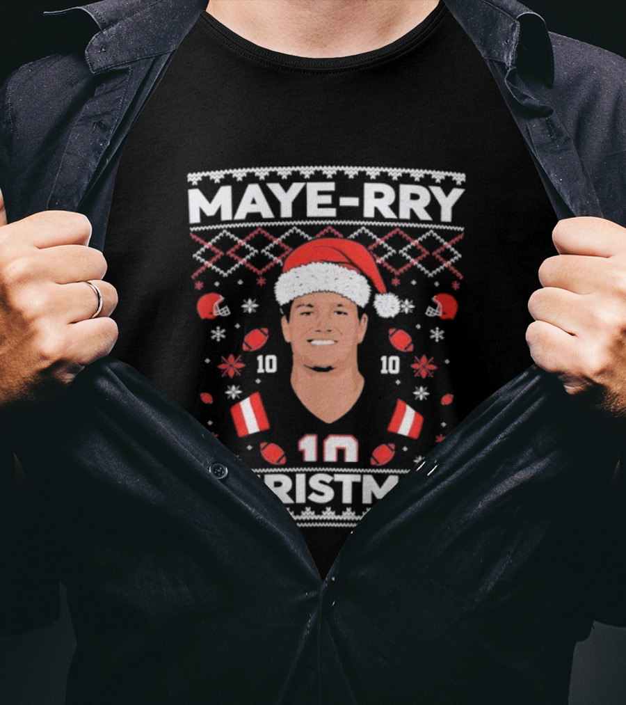 Maye-rry Christmas 10 Football Santa Hat T-Shirt