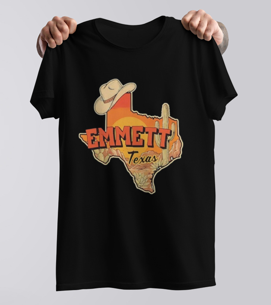 Emmett Texas Cowboy Hat Cactus Sunset Vintage Desert Scene T-Shirt
