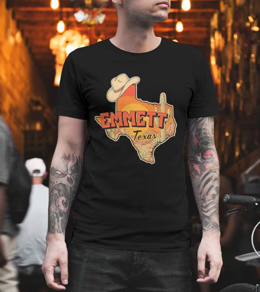 Emmett Texas Cowboy Hat Cactus Sunset Vintage Desert Scene T-Shirt