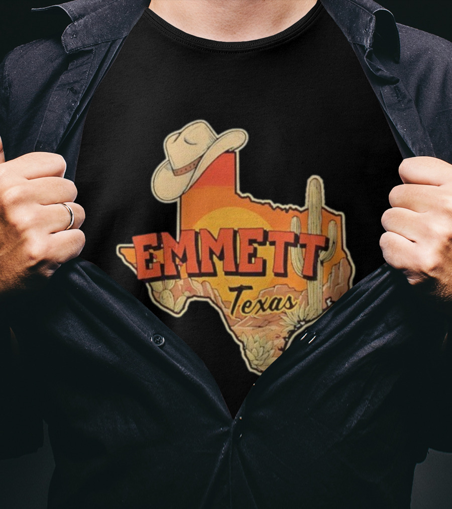 Emmett Texas Cowboy Hat Cactus Sunset Vintage Desert Scene T-Shirt