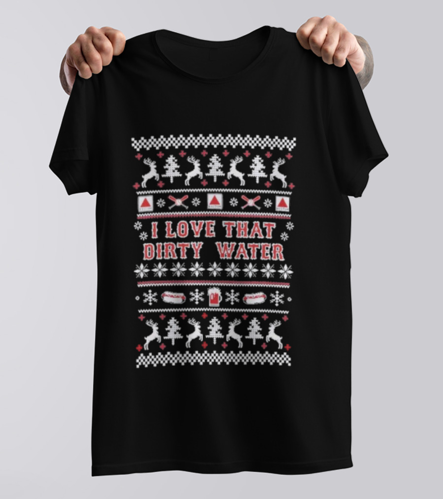 I Love That Dirty Water Christmas Tree Reindeer Crossing Hockey Ugly T-Shirt