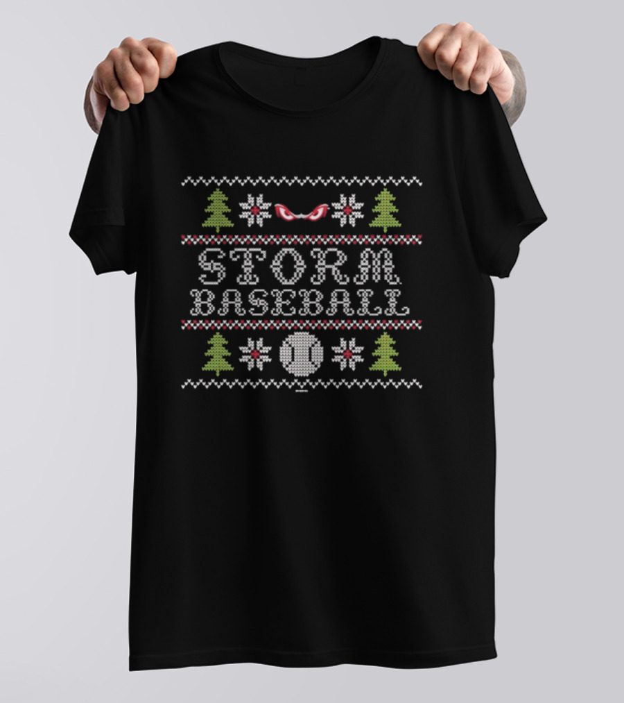 Lake Elsinore Storm Baseball Ugly Sweater Holiday Trees And Baseballs T-Shirt