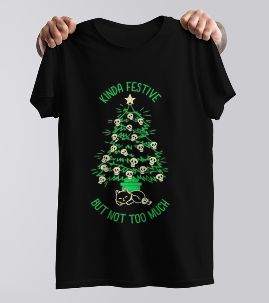 Kinda Festive Skulls Christmas Tree Cat T-Shirt