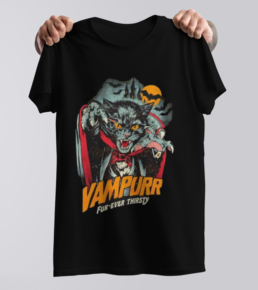 Vampurr Fur-Ever Thirsty Vampire Cat Halloween Moon Bats T-Shirt