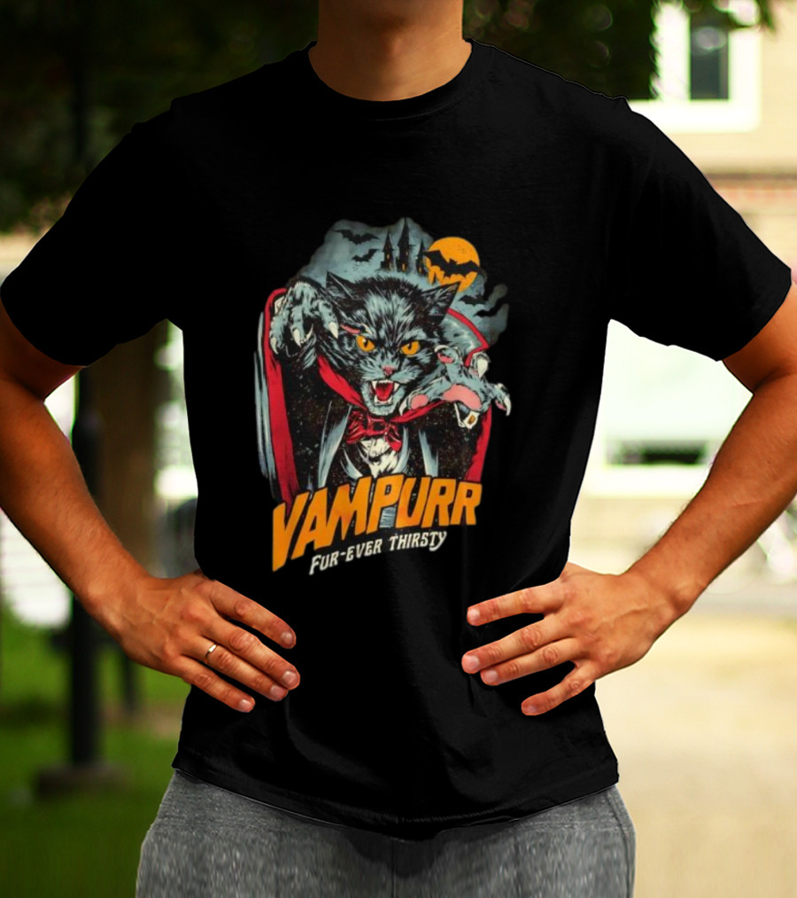 Vampurr Fur-Ever Thirsty Vampire Cat Halloween Moon Bats T-Shirt