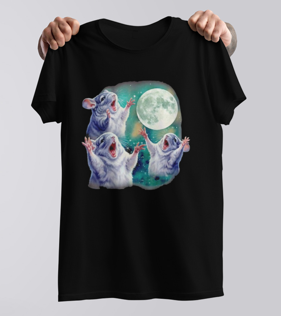 Three Chinchillas Howling At The Moon Cute Animal Meme Funny Rodent Lunar Scene T-Shirt