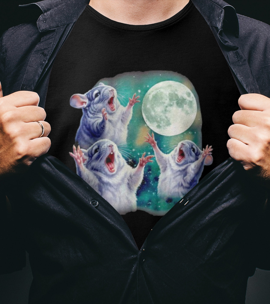 Three Chinchillas Howling At The Moon Cute Animal Meme Funny Rodent Lunar Scene T-Shirt