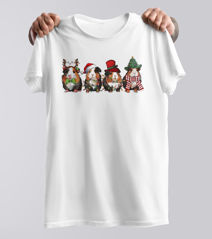 Guinea Pigs In Christmas Reindeer Santa Hats Tree Lights Holiday Theme T-Shirt