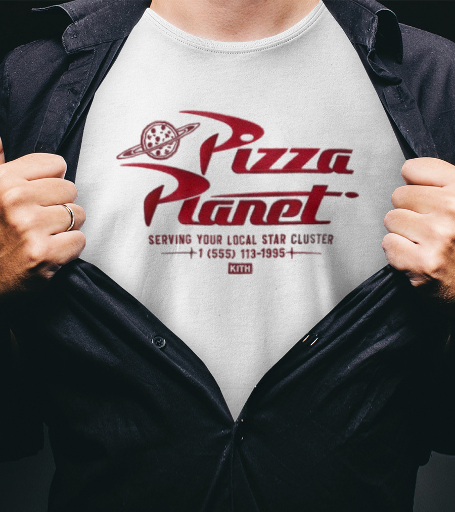 Disney Kith For Pixar Pizza Planet Nelson Leaving Your Local Star Cluster Call 771-8000 T-Shirt
