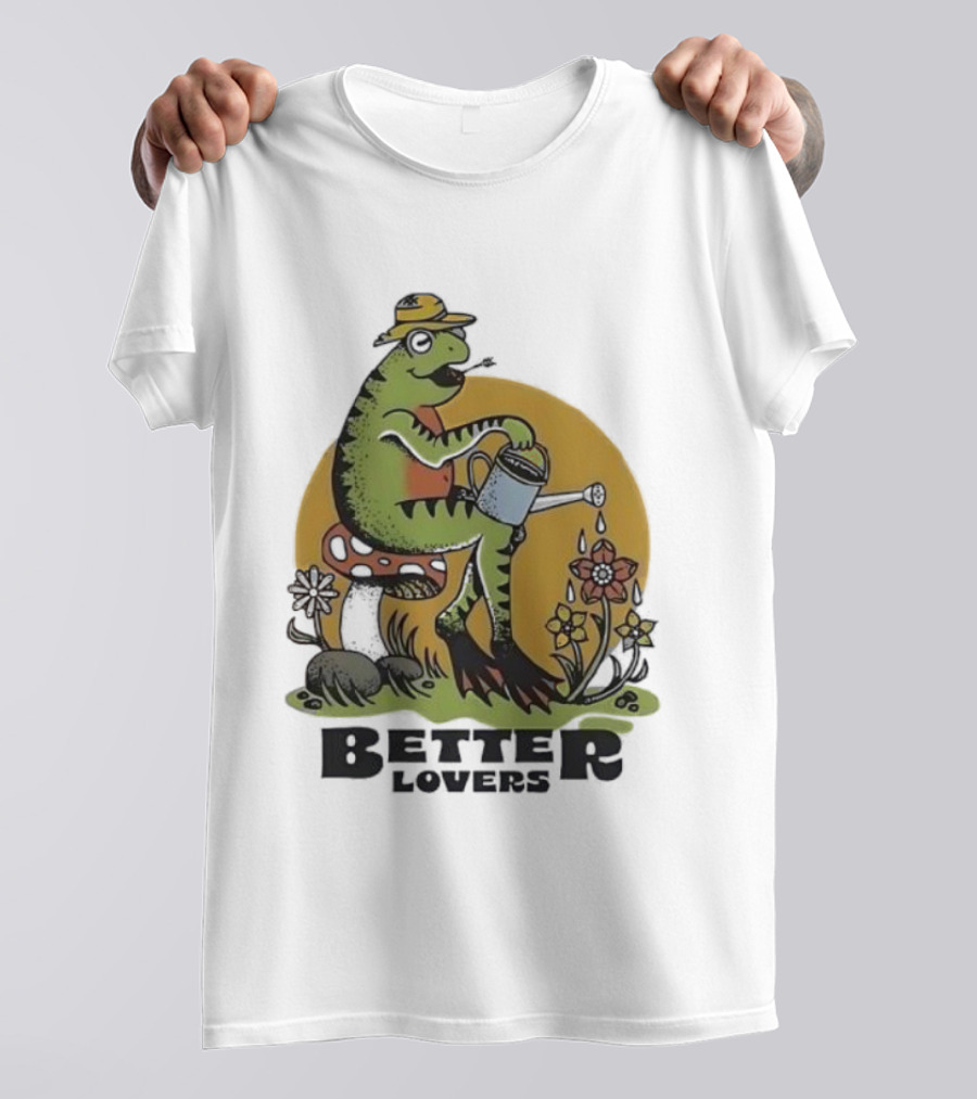 Frog On A Mushroom Watering Flowers Better Lovers Vintage Style T-Shirt