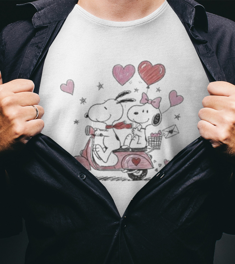 Snoopy Peanuts Valentine's Day Hearts Romantic Scooter Celebration T-Shirt