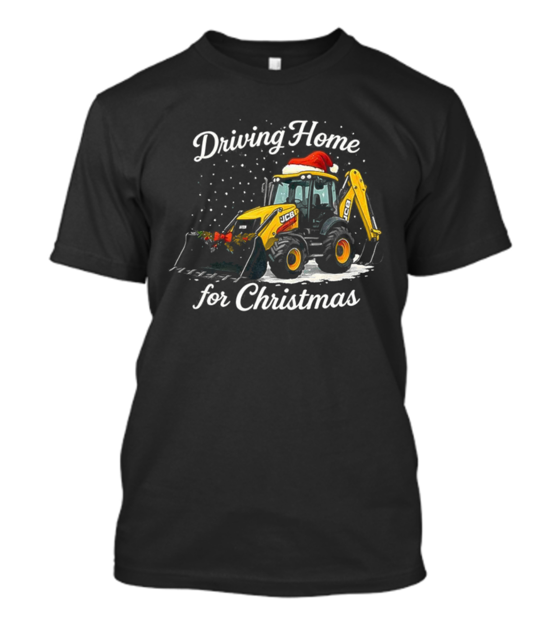 Driving Home For Christmas JCB Excavator Loader Santa Hat Snowfall Scene T-Shirt