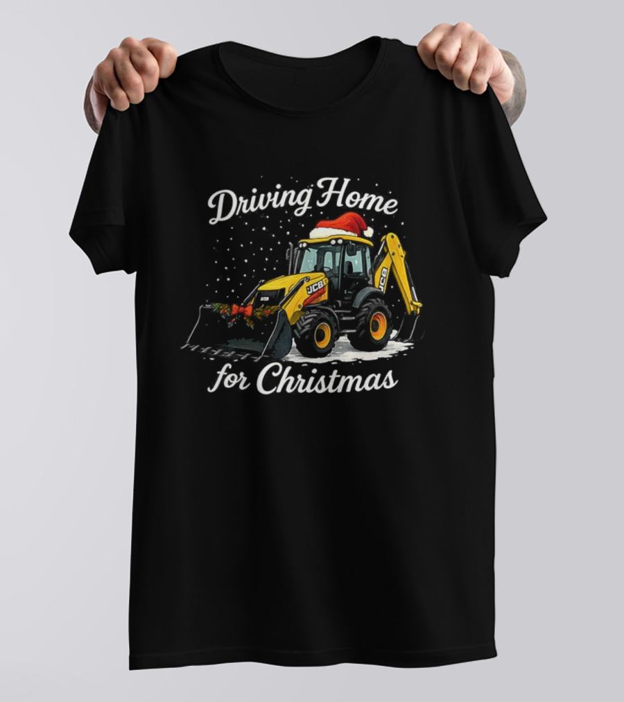 Driving Home For Christmas JCB Excavator Loader Santa Hat Snowfall Scene T-Shirt