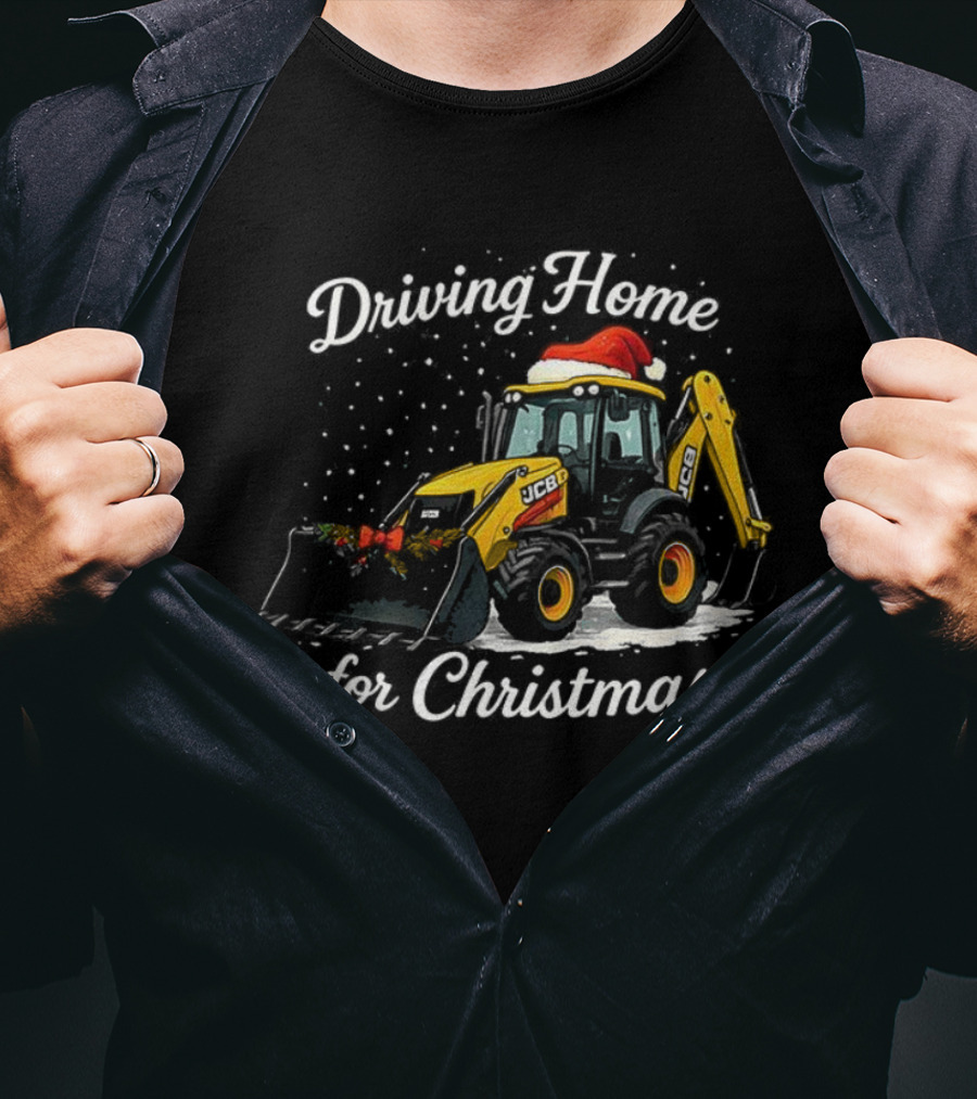 Driving Home For Christmas JCB Excavator Loader Santa Hat Snowfall Scene T-Shirt