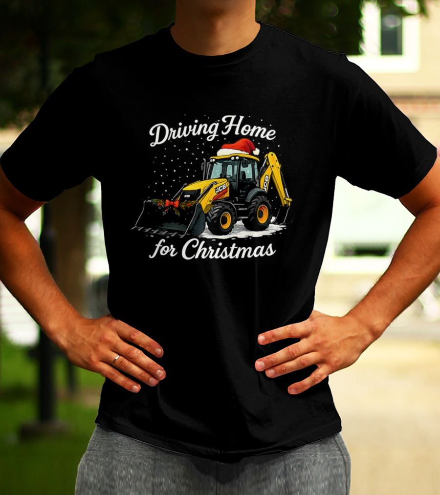 Driving Home For Christmas JCB Excavator Loader Santa Hat Snowfall Scene T-Shirt