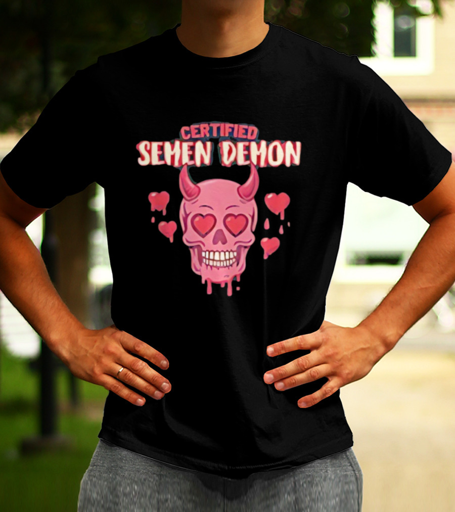Certified Semen Demon Pink Skull With Heart Eyes And Horns T-Shirt