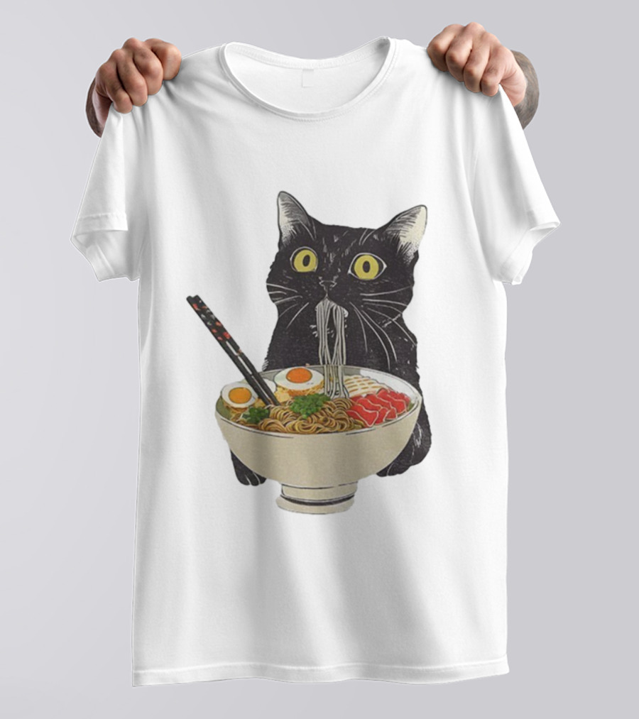 Black Cat Slurping Ramen With Chopsticks Japan Style T-Shirt