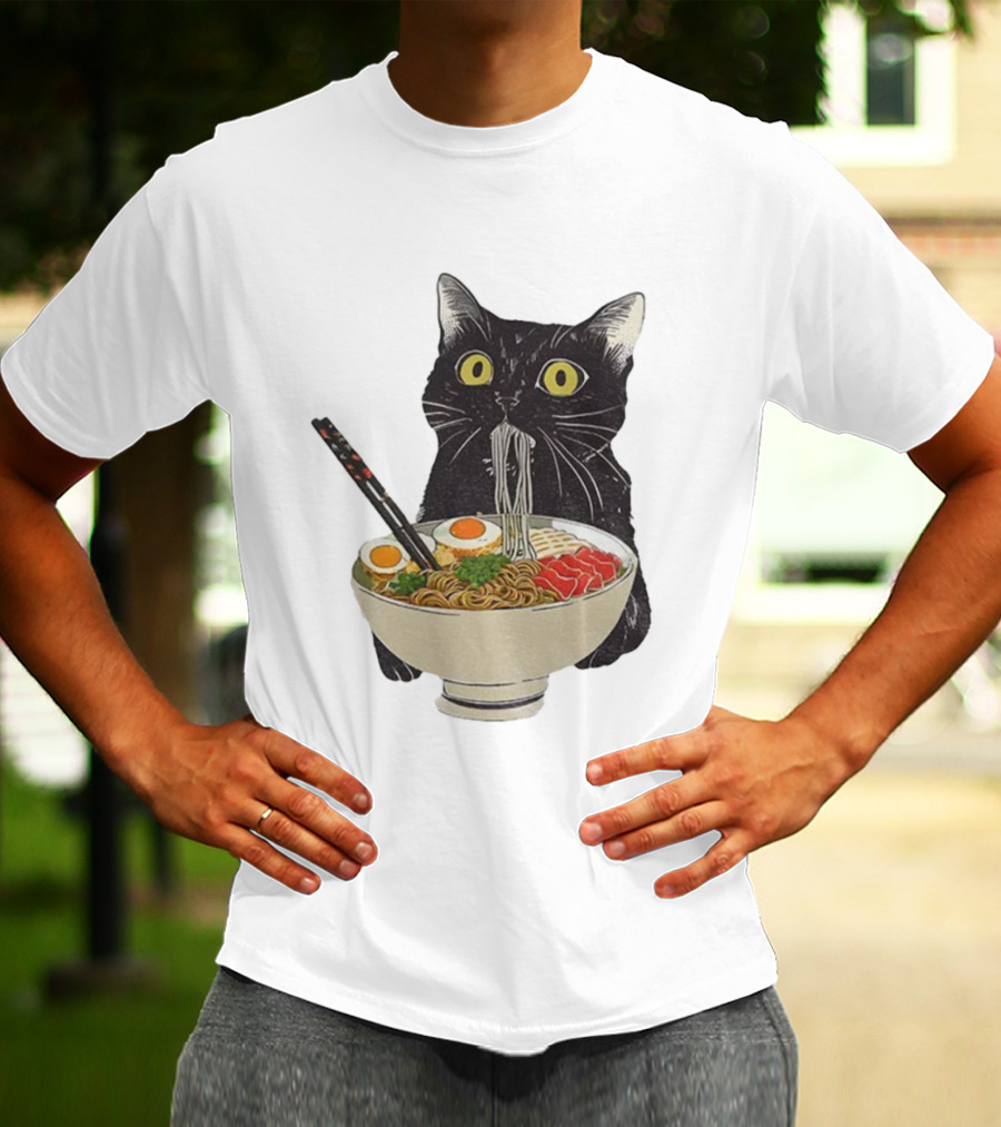Black Cat Slurping Ramen With Chopsticks Japan Style T-Shirt