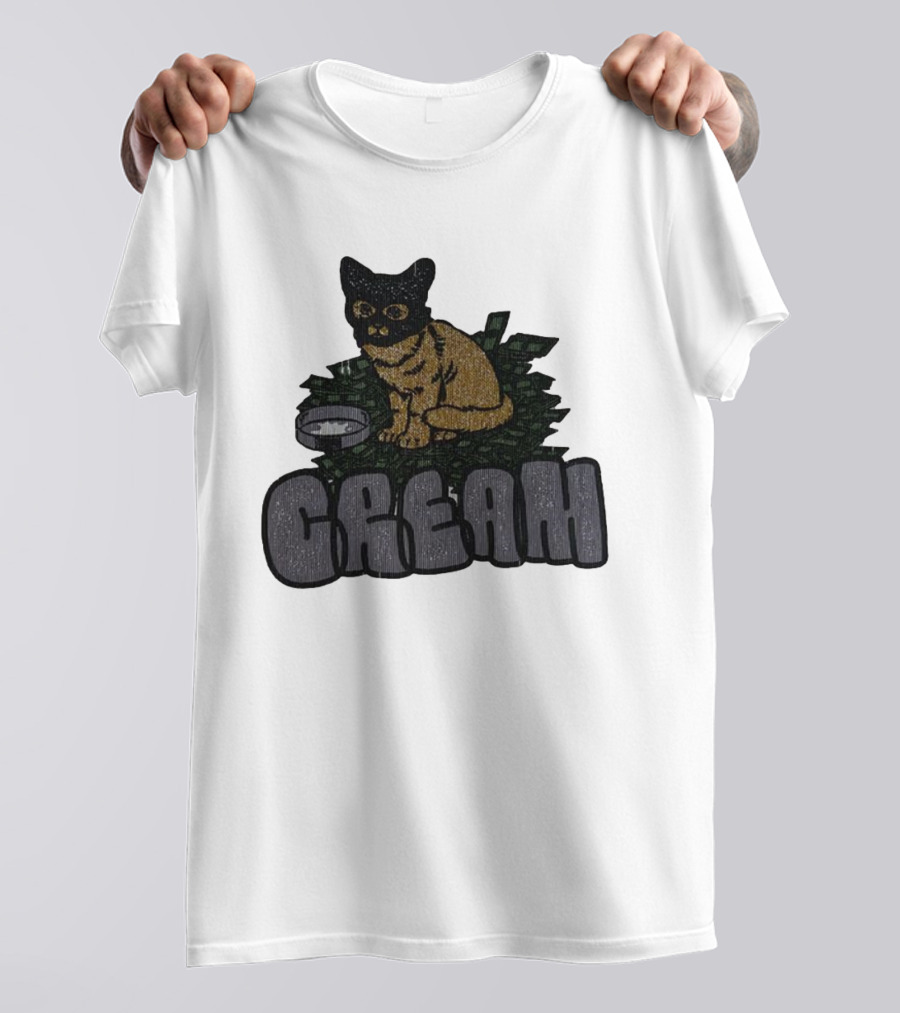 CREAM Cat Vintage Style With Bowl And Leafy Background T-Shirt