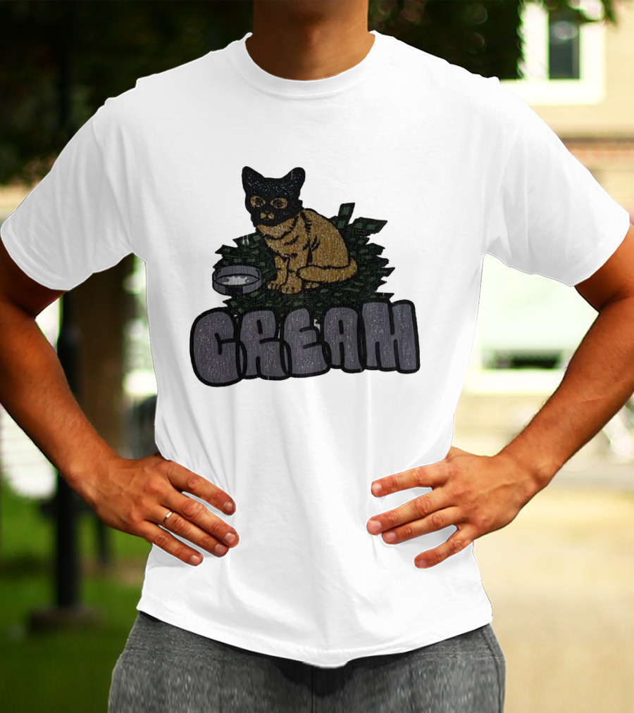 CREAM Cat Vintage Style With Bowl And Leafy Background T-Shirt