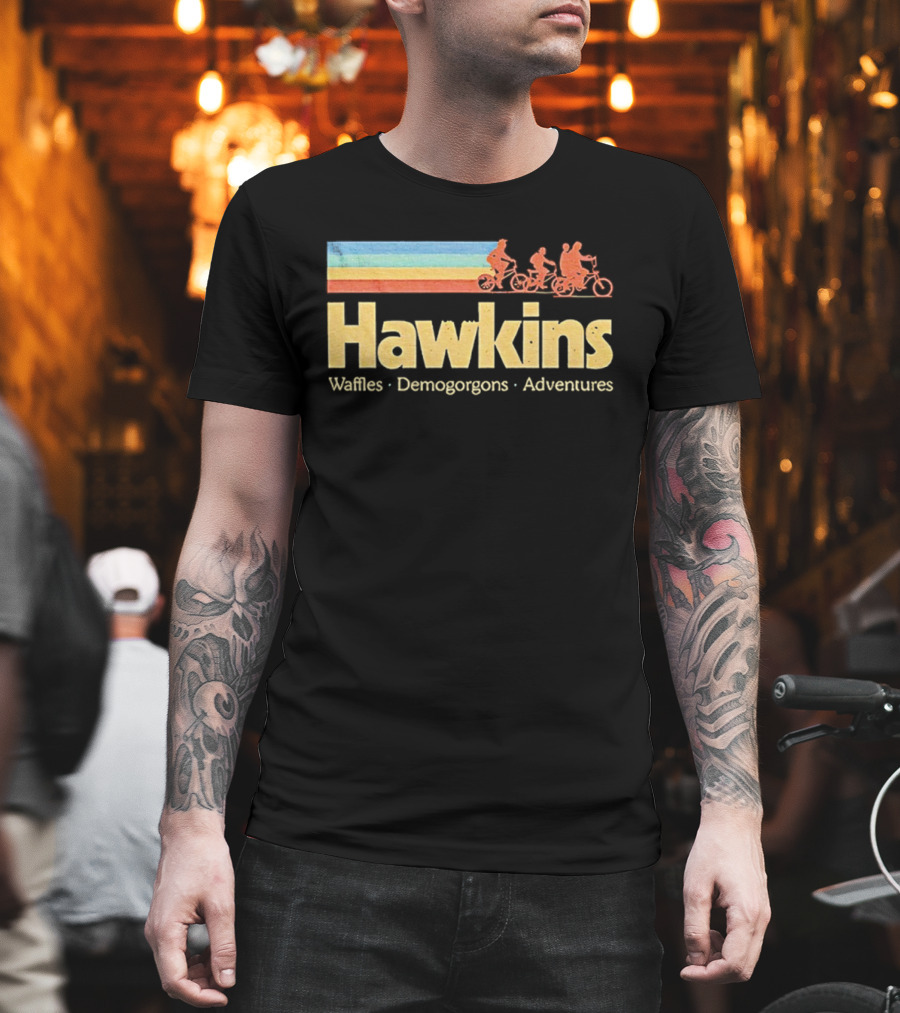 Hawkins Waffles Demogorgons Adventures Retro Stripe Bike Riders T-Shirt