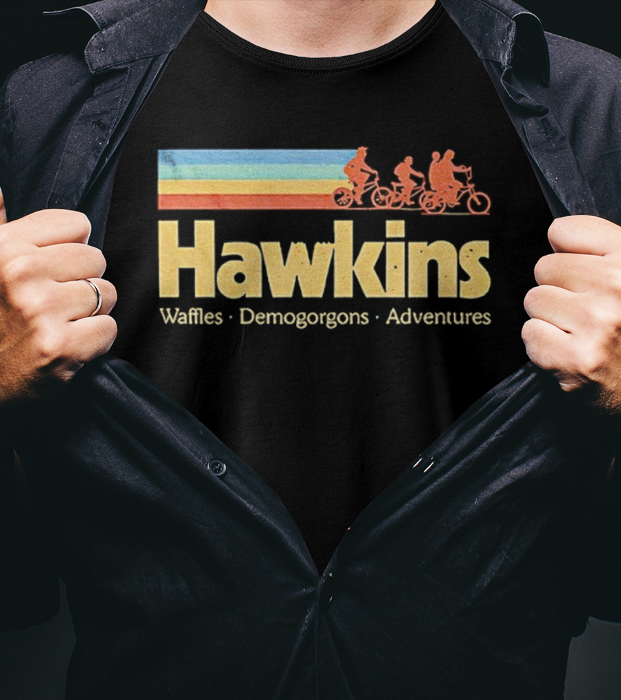 Hawkins Waffles Demogorgons Adventures Retro Stripe Bike Riders T-Shirt