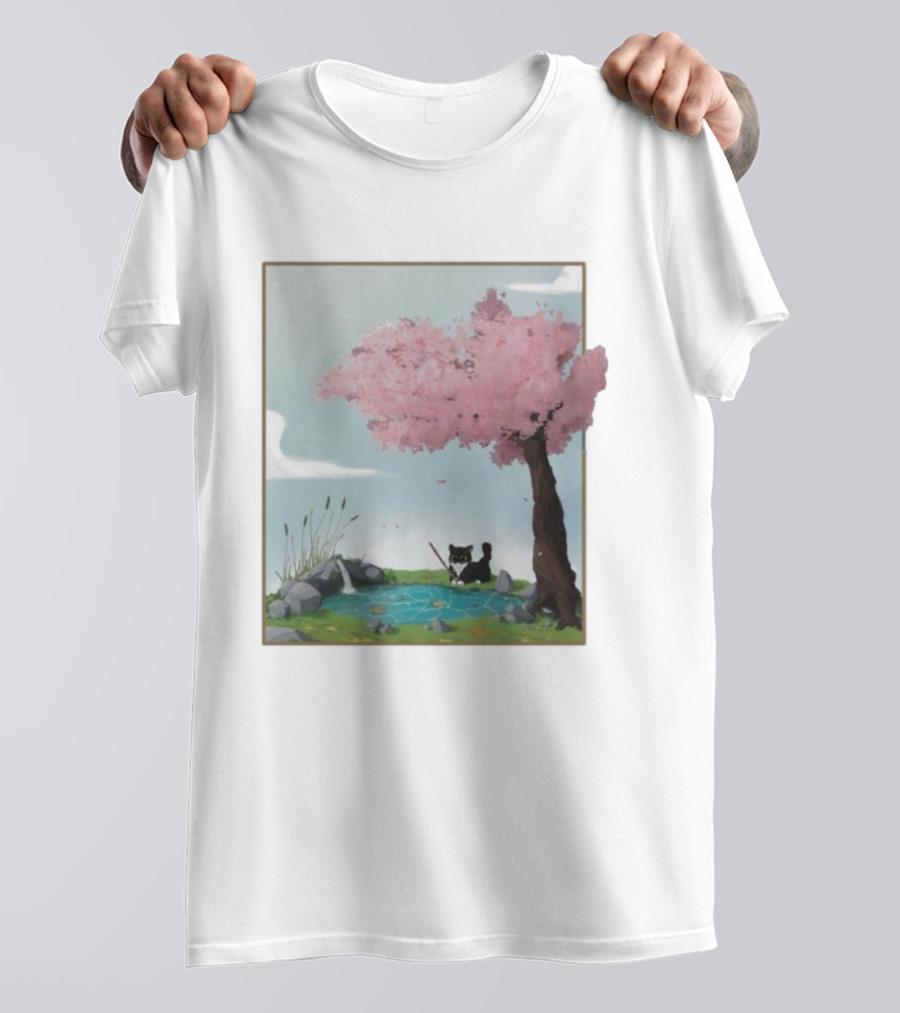 Cherry Blossom Cat Fishing By Tranquil Pond T-Shirt