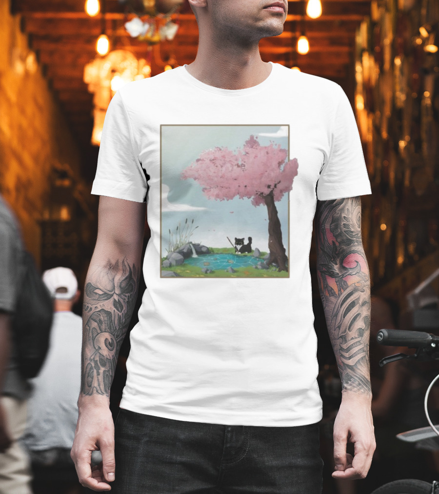 Cherry Blossom Cat Fishing By Tranquil Pond T-Shirt